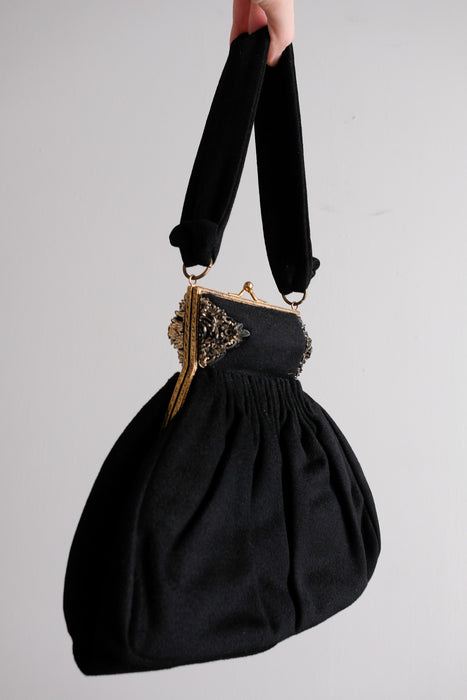 Gorgeous 1930's Art Deco Black Wool Handbag by K&G Charlet