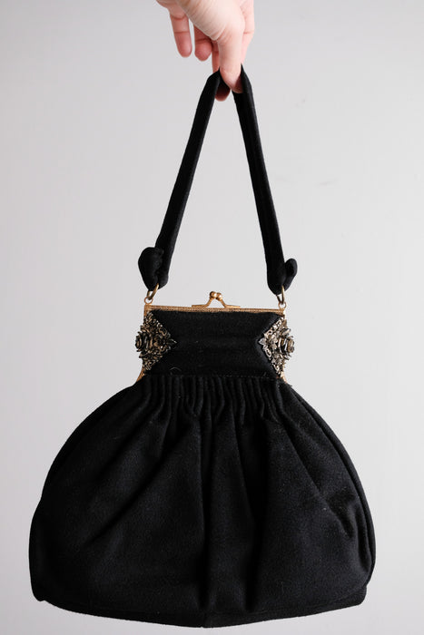 Gorgeous 1930's Art Deco Black Wool Handbag by K&G Charlet