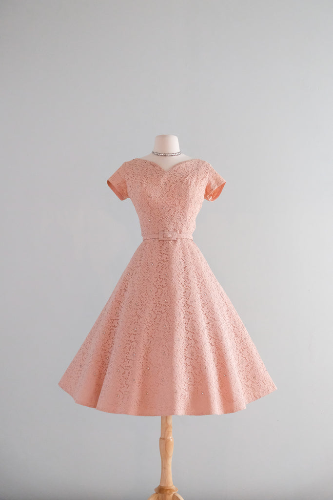 Vintage 1950's Rose Pink & Rhinestone Lace Party Dress / Medium – Xtabay Vintage