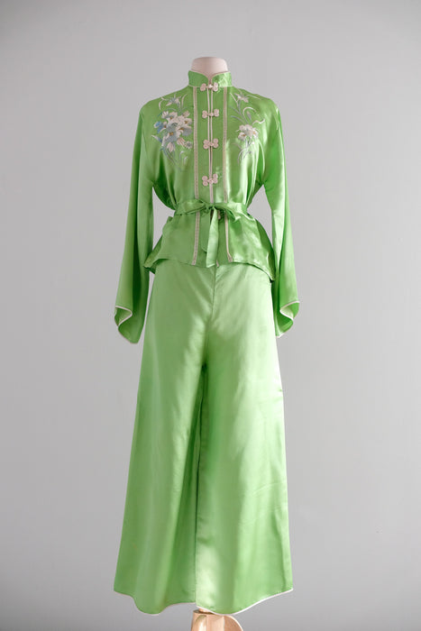 Vintage 1950's Lime Green Chinese Silk Pajama Set / S