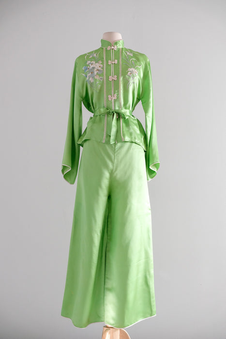 Vintage 1950's Lime Green Chinese Silk Pajama Set / S