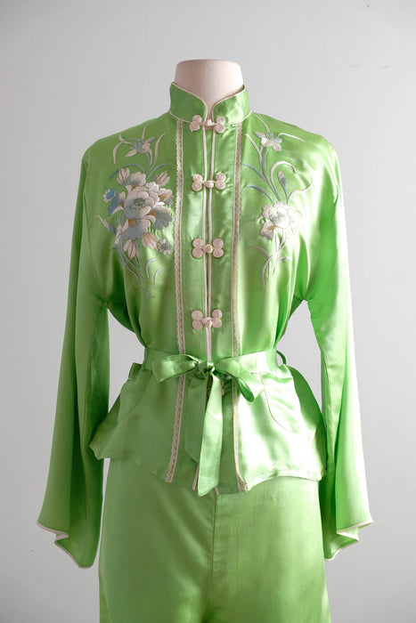Vintage 1950's Lime Green Chinese Silk Pajama Set / S