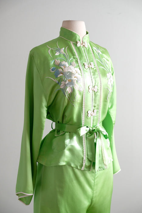 Vintage 1950's Lime Green Chinese Silk Pajama Set / S