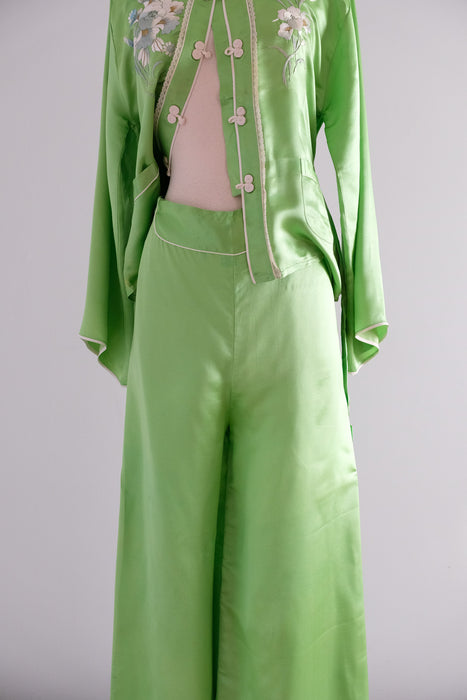 Vintage 1950's Lime Green Chinese Silk Pajama Set / S