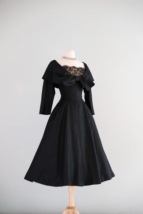 antique black dress Vintage 1950 Black Taffeta A-Line Cocktail Dress Boat Neck Floral Lace 25" Waist