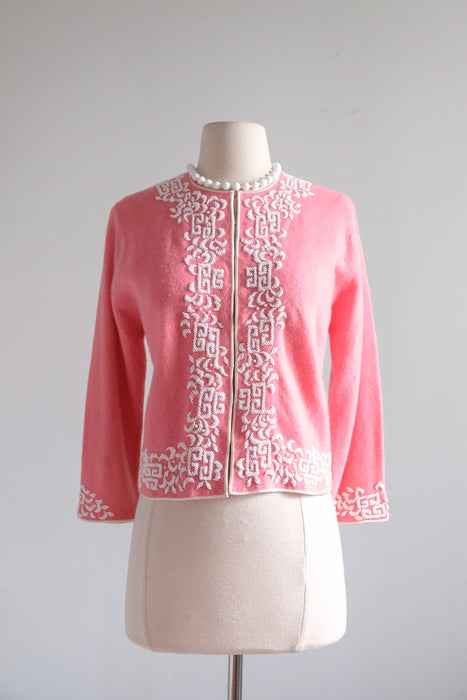 Vintage 1960's Pink & Ivory Beaded Cardigan Sweater by Castle / M