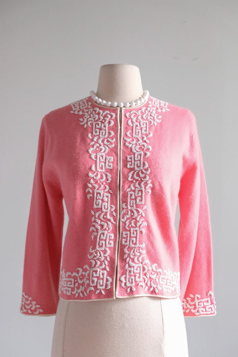 Vintage 1960's Pink & Ivory Beaded Cardigan Sweater by Castle / M