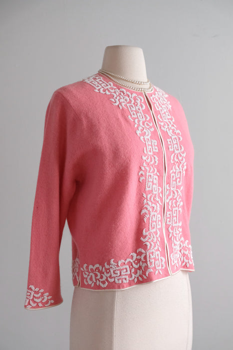 Vintage 1960's Pink & Ivory Beaded Cardigan Sweater by Castle / M