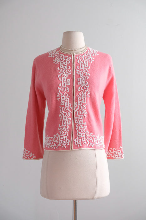 Vintage 1960's Pink & Ivory Beaded Cardigan Sweater by Castle / M