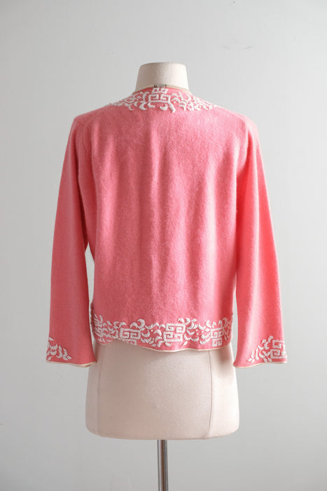Vintage 1960's Pink & Ivory Beaded Cardigan Sweater by Castle / M