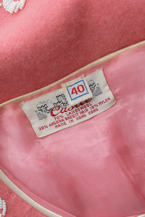 Vintage 1960's Pink & Ivory Beaded Cardigan Sweater by Castle / M