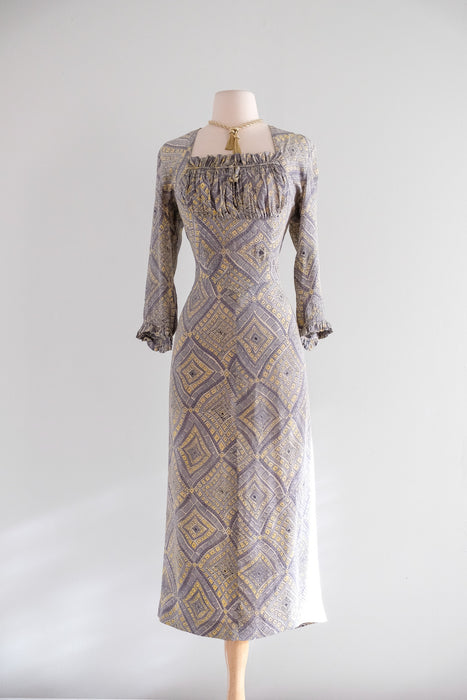 Vintage 1940's Diamond Mosaic Print Rayon Dress by Marberl of California / M