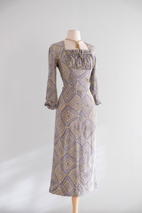 Vintage 1940's Diamond Mosaic Print Rayon Dress by Marberl of California / M