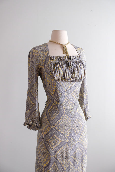 Vintage 1940's Diamond Mosaic Print Rayon Dress by Marberl of California / M