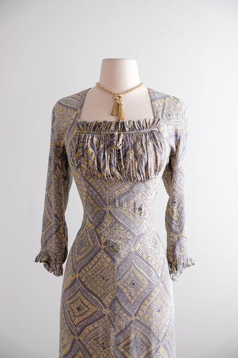 Vintage 1940's Diamond Mosaic Print Rayon Dress by Marberl of California / M