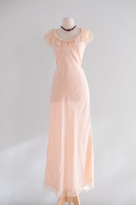 Vintage 1930’s Pale Pink Silk Bias Cut Slip Gown with Ruffles / M