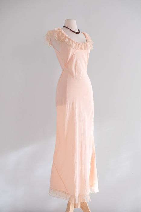 Vintage 1930’s Pale Pink Silk Bias Cut Slip Gown with Ruffles / M