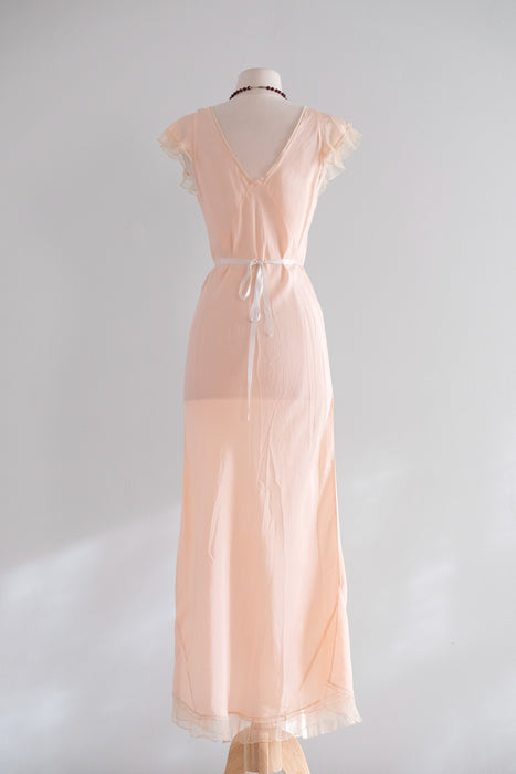 Vintage 1930’s Pale Pink Silk Bias Cut Slip Gown with Ruffles / M