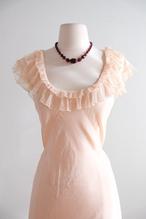 Vintage 1930’s Pale Pink Silk Bias Cut Slip Gown with Ruffles / M