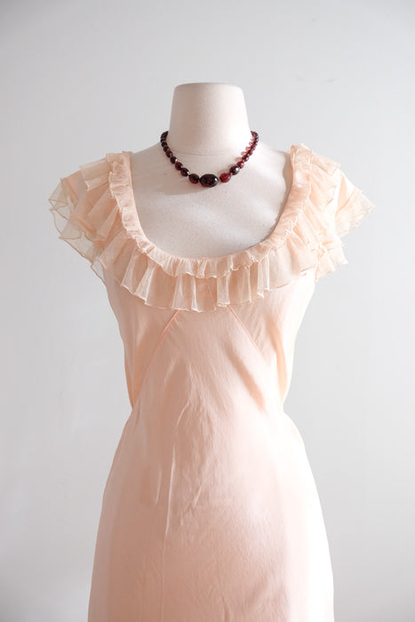 Vintage 1930’s Pale Pink Silk Bias Cut Slip Gown with Ruffles / M