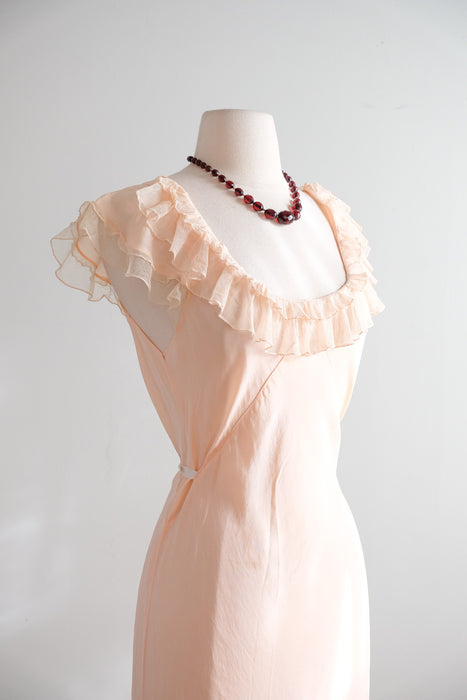 Vintage 1930’s Pale Pink Silk Bias Cut Slip Gown with Ruffles / M
