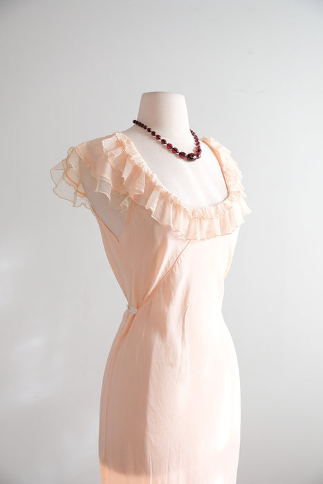 Vintage 1930’s Pale Pink Silk Bias Cut Slip Gown with Ruffles / M