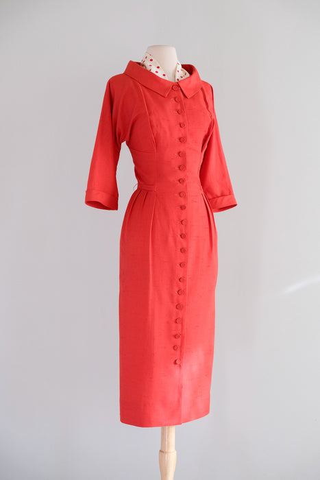 Vintage 1950's Valentines Red Wiggle Dress with Polka Scarf / S