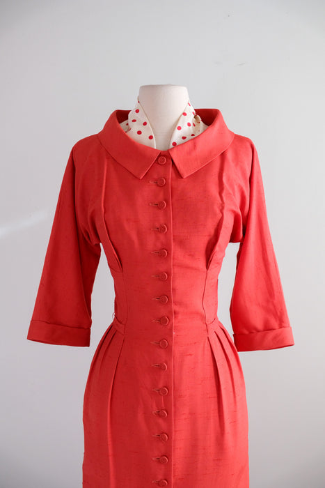 Vintage 1950's Valentines Red Wiggle Dress with Polka Scarf / S