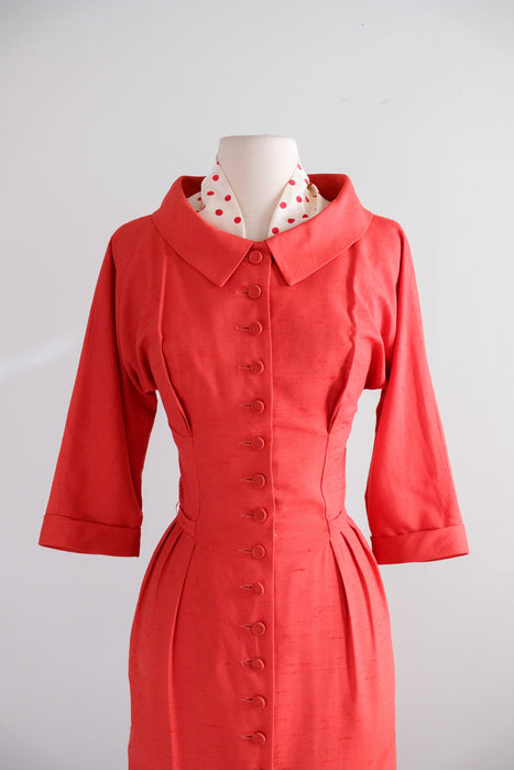 Vintage 1950's Valentines Red Wiggle Dress with Polka Scarf / S