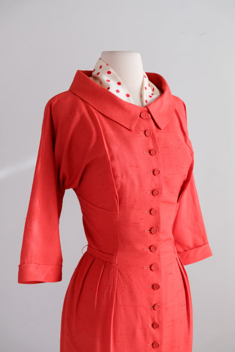 Vintage 1950's Valentines Red Wiggle Dress with Polka Scarf / S