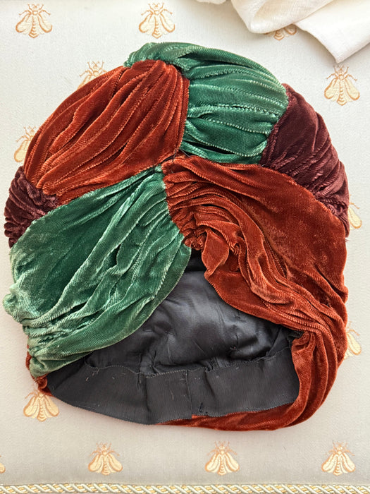 Fabulous 1940's Turban In Forest Green, Burnt Sienna and Mahogany Velvet