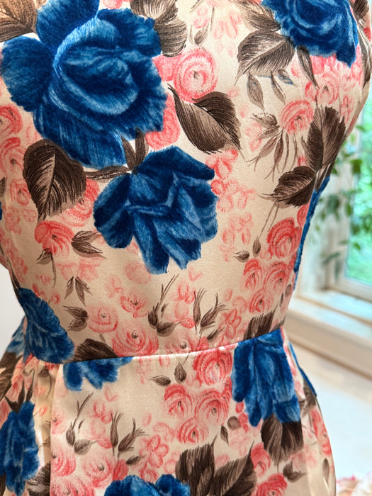 Stunning early 1960's Custom Couture Silk Rose Print Evening Dress / ML