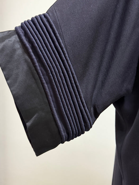 Magnificent 1920s Navy Wool Gabardine Evening Coat with Silk Lining and Fringe Trim / OS