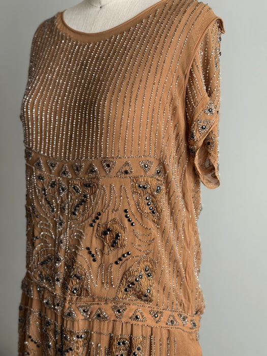 Rare Autumnal 1920's Beaded Silk Flapper Dress / SM