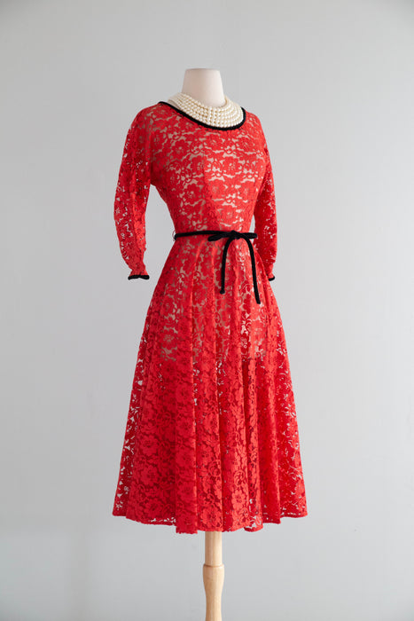 Stunning 1950’s Scarlet Lace Full Skirt Cocktail Dress / SM