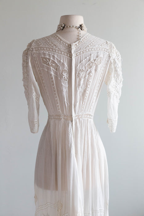 Extraordinary Antique Edwardian Hand Embroidered Wedding Gown / SM