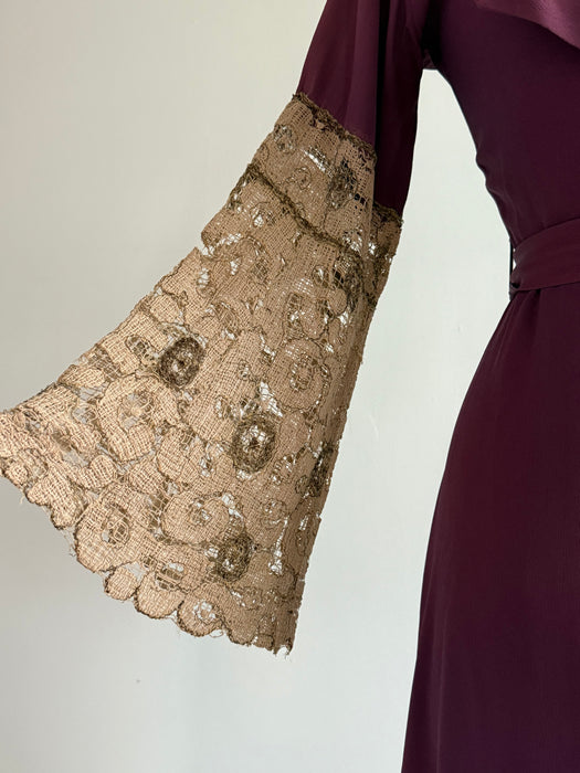 Gorgeous 1930's Violet Rayon Dressing Gown With Lace Sleeves / SM