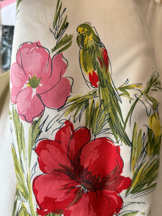 Gorgeous Late 1950's Birds & Flowers Polished Cotton Party Dress / SM