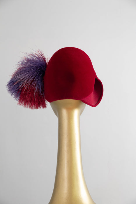 Stunning Scarlet Felt Hat with Feather Pom, circa late 1940s By Bernice Charles
