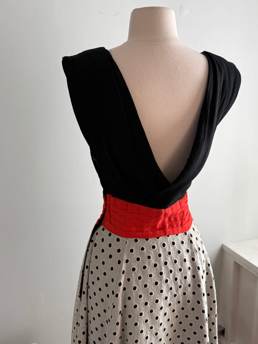 Fabulous Early 1950's Claudia Young Polka Dot Linen Dress With Pockets / S