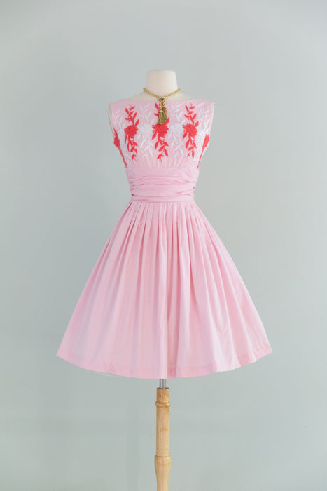 Romantic Early 1960's Embroidered Pink Cotton Sundress / Small