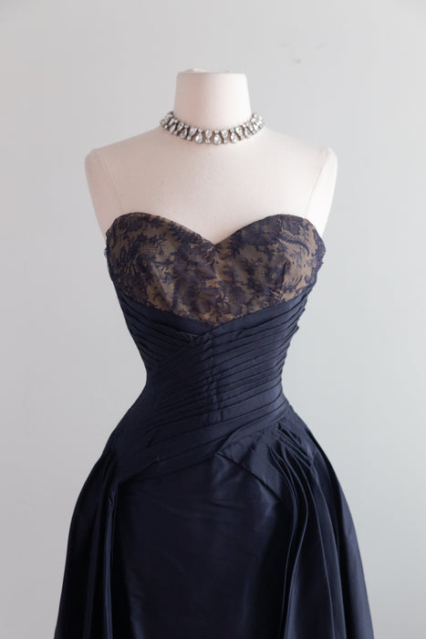 Exquisite 1950's Couture Cocktail Dress in Navy Silk Taffeta and Imported Lace / SM