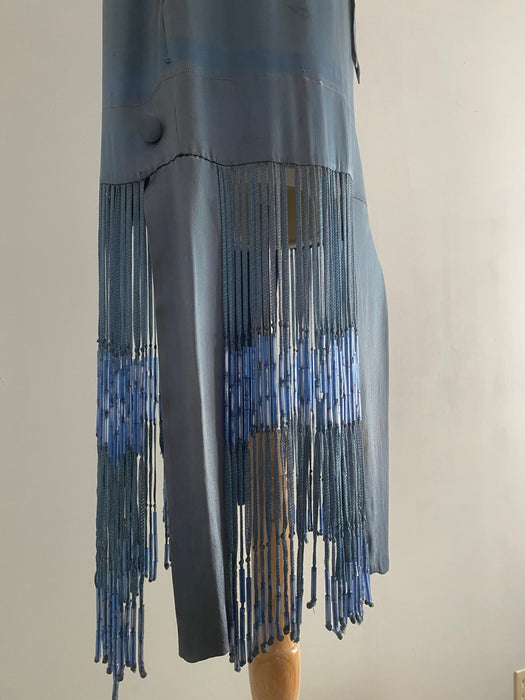 Rare 1920's Icicle Fringe Flapper Dress in French Blue Silk / M