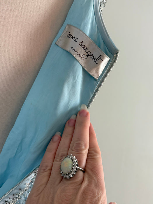 Glamorous Early 1960's Mirror Blue Hand Beaded Evening Dress By Irene Sargent / SM