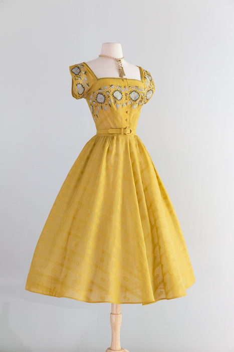 Iconic 1950’s Tina Leser Saffron Embroidered Cotton Dress / S
