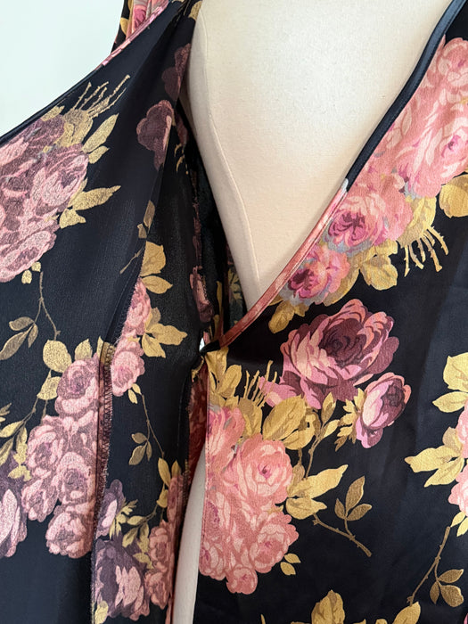 Iconic 1990's Silky Black Rose Print Mini Wrap Dress By Betsey Johnson / SM