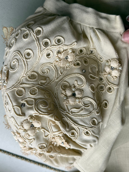 Darling 1950's Creampuff Ivory Wiggle Dress With Embroidered Sleeves / M