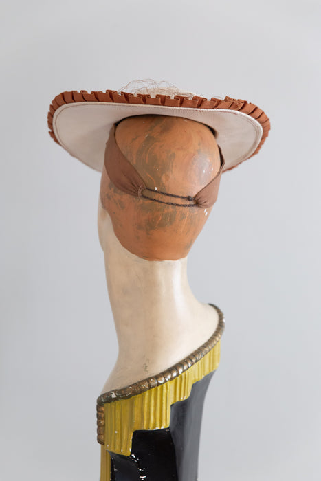 Wonderful 1930s White Straw Tilt Hat with Caramel Grosgrain Trim, Veiling, and Hatpin