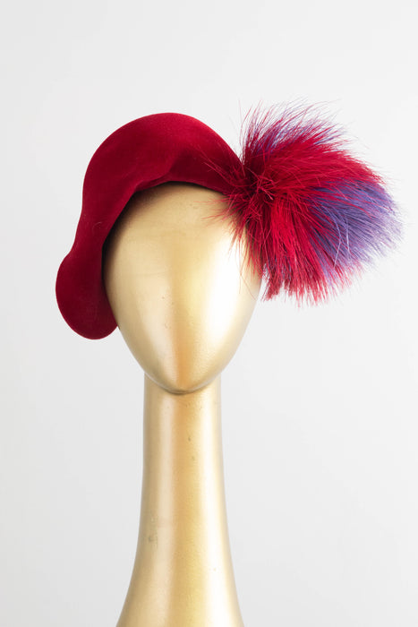 Stunning Scarlet Felt Hat with Feather Pom, circa late 1940s By Bernice Charles
