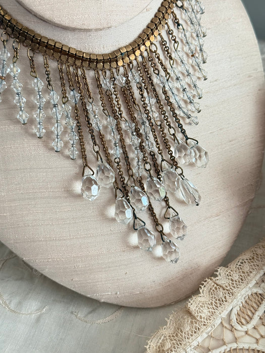 COVETED Brass Book-Chain Fringe Statement Necklace with Crystal Bead Waterfall, c. 1950s